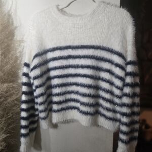 La Ligne Fuzzy White and Black Striped Sweater